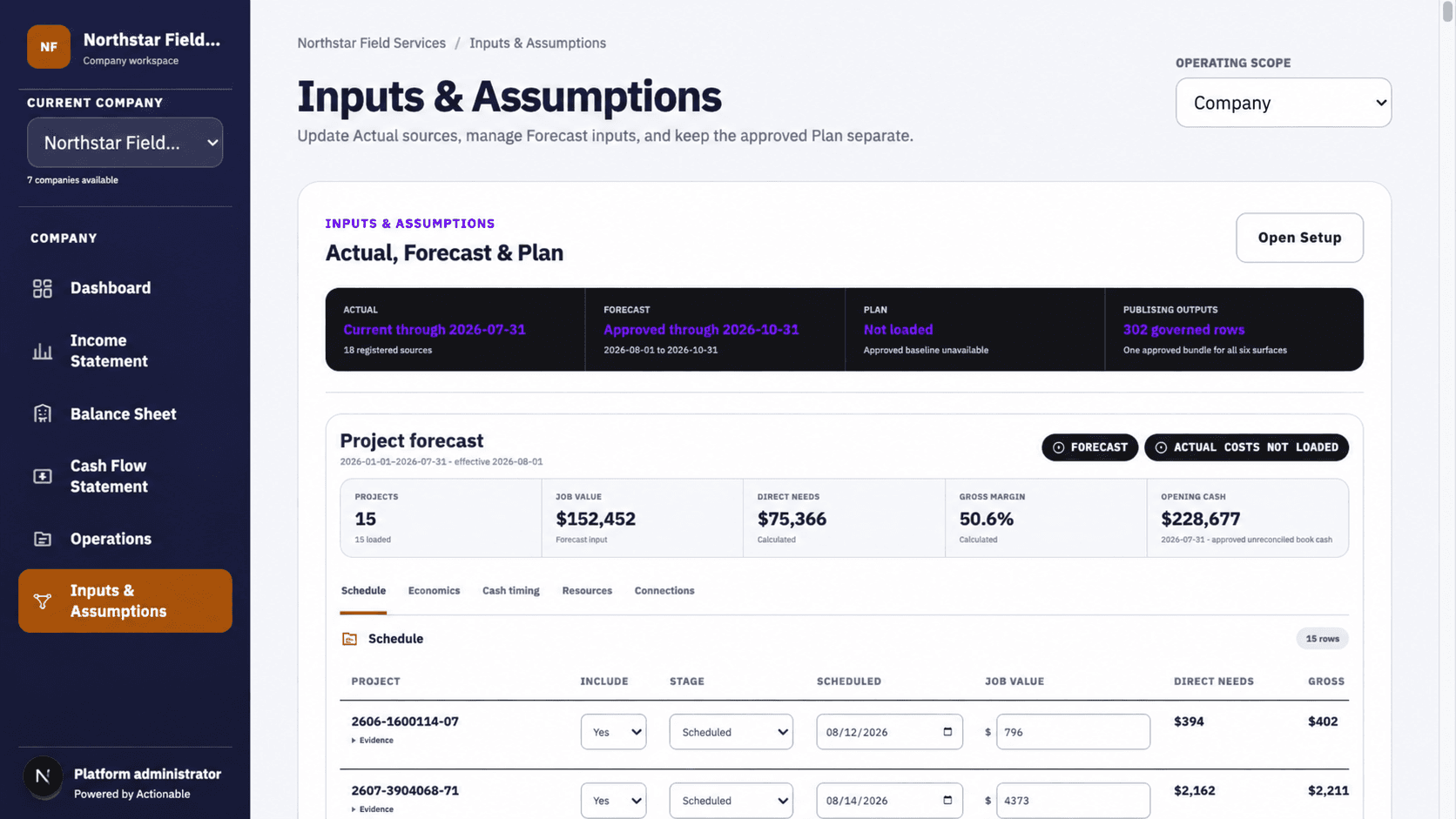 Actionable Inputs and Assumptions showing Actual, Forecast, Plan, a project forecast, and governed input rows for Northstar Field Services